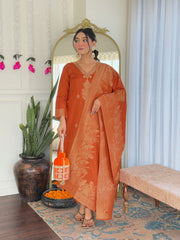 OREAGE COLOURED WOMEN'S VISCOSE JACQUARD KURTA WITH PANT DUPATTA SET