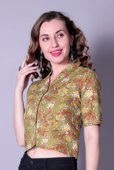 Women’s Olive Green Floral Printed Cotton Crop Shirt – Stylish Short Sleeve Casual Wear | Trendy Summer Fashion Malaysia 2025 (C-15)