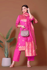 Elegant Pink Jacquard Kurta Set with Bottom & Dupatta | Readymade Indian Suit | Size S-XXL