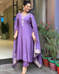 JENA LAVENDER COLOURED WOMEN'S VISCOSE CHANDERI KURTA WITH PANT DUPATTA SET