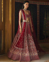 Dark maroon taffeta silk embroidered designer lehenga choli