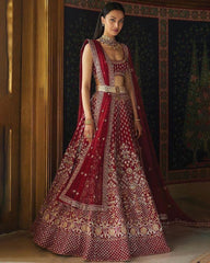 Dark maroon taffeta silk embroidered designer lehenga choli