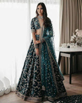 Bottle green colored designer velvet lehenga choli