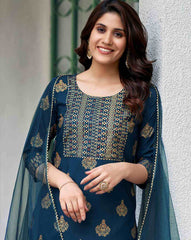 SKYLEE Women Block Print Cotton Blend Kurta Set with Pants & Net Dupatta | Ethnic Wear for Women Malaysia | Indian Suit | Traditional Kurti Set Online