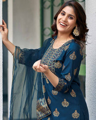 SKYLEE Women Block Print Cotton Blend Kurta Set with Pants & Net Dupatta | Ethnic Wear for Women Malaysia | Indian Suit | Traditional Kurti Set Online