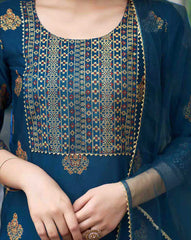 SKYLEE Women Block Print Cotton Blend Kurta Set with Pants & Net Dupatta | Ethnic Wear for Women Malaysia | Indian Suit | Traditional Kurti Set Online