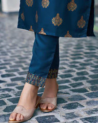 SKYLEE Women Block Print Cotton Blend Kurta Set with Pants & Net Dupatta | Ethnic Wear for Women Malaysia | Indian Suit | Traditional Kurti Set Online