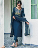 SKYLEE Women Printed Straight Kurta Set with Dupatta | Indian Ethnic Wear Online Malaysia | Cotton Blend Long Kurti Suit for Women | Party & Casual Outfit