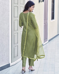 SKYLEE Women Embroidered Art Silk Straight Kurta Set with Pants & Net Dupatta | Latest Indian Ethnic Wear for Women Malaysia | Partywear Kurti Suit Online
