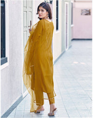 SKYLEE Women Embroidered Art Silk Straight Kurta Set with Pants & Net Dupatta | Latest Indian Ethnic Wear for Women Malaysia | Partywear Kurti Suit Online