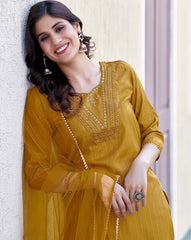 SKYLEE Women Embroidered Art Silk Straight Kurta Set with Pants & Net Dupatta | Latest Indian Ethnic Wear for Women Malaysia | Partywear Kurti Suit Online