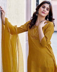 SKYLEE Women Embroidered Art Silk Straight Kurta Set with Pants & Net Dupatta | Latest Indian Ethnic Wear for Women Malaysia | Partywear Kurti Suit Online