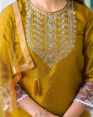 NYRIKA Women’s Embroidered Straight Kurta Set | Art Silk Ethnic Suit with Pants & Dupatta | Indian Pakistani Dress for Women Malaysia Online