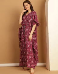 Secret Wish Women’s Floral Cotton Kaftan Dress | Full Length V-Neck Lounge Wear | Comfortable Summer Kaftan