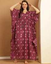 Secret Wish Women’s Floral Cotton Kaftan Dress | Full Length V-Neck Lounge Wear | Comfortable Summer Kaftan