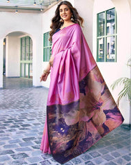 SATRANI Women Kanjeevaram Silk Saree with Contrast Border | Traditional Indian Saree Online Malaysia | Wedding & Party Wear Saree with Blouse Piece