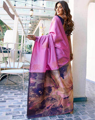 SATRANI Women Kanjeevaram Silk Saree with Contrast Border | Traditional Indian Saree Online Malaysia | Wedding & Party Wear Saree with Blouse Piece