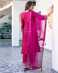 NYRIKA Women’s Embroidered Straight Kurta Set | Art Silk Ethnic Suit with Pants & Dupatta | Indian Pakistani Dress for Women Malaysia Online