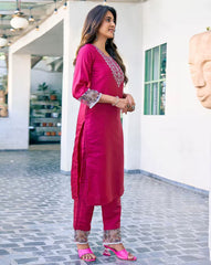 NYRIKA Women’s Embroidered Straight Kurta Set | Art Silk Ethnic Suit with Pants & Dupatta | Indian Pakistani Dress for Women Malaysia Online