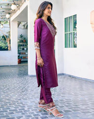 NYRIKA Women’s Embroidered Straight Kurta Set | Art Silk Ethnic Suit with Pants & Dupatta | Indian Pakistani Dress for Women Malaysia Online