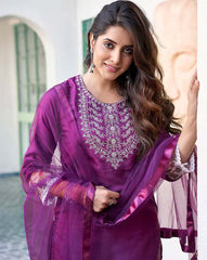 NYRIKA Women’s Embroidered Straight Kurta Set | Art Silk Ethnic Suit with Pants & Dupatta | Indian Pakistani Dress for Women Malaysia Online