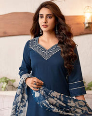 SKYLEE Women Embroidered Straight Kurta Set with Organza Dupatta | Cotton Blend Kurti Pant Suit | Latest Indian Ethnic Wear Malaysia | Women Kurung Set for Festive & Casual Wear