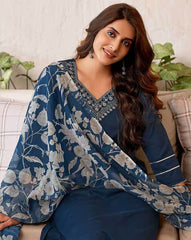 SKYLEE Women Embroidered Straight Kurta Set with Organza Dupatta | Cotton Blend Kurti Pant Suit | Latest Indian Ethnic Wear Malaysia | Women Kurung Set for Festive & Casual Wear