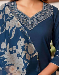 SKYLEE Women Embroidered Straight Kurta Set with Organza Dupatta | Cotton Blend Kurti Pant Suit | Latest Indian Ethnic Wear Malaysia | Women Kurung Set for Festive & Casual Wear