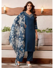 SKYLEE Women Embroidered Straight Kurta Set with Organza Dupatta | Cotton Blend Kurti Pant Suit | Latest Indian Ethnic Wear Malaysia | Women Kurung Set for Festive & Casual Wear