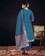 SKYLEE Women’s Floral Woven Silk Blend Straight Kurta Suit Set with Dupatta & Pants | Stylish Ethnic Wear for Women Malaysia | Party & Festive Kurti Set