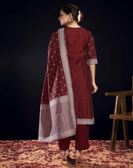 SKYLEE Women’s Floral Woven Silk Blend Straight Kurta Suit Set with Dupatta & Pants | Stylish Ethnic Wear for Women Malaysia | Party & Festive Kurti Set