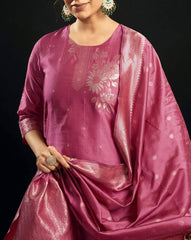 SKYLEE Women’s Floral Woven Silk Blend Straight Kurta Suit Set with Dupatta & Pants | Stylish Ethnic Wear for Women Malaysia | Party & Festive Kurti Set