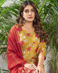 SKYLEE Women Floral Print Straight Kurta Set with Dupatta | Stylish Cotton Blend Indian Ethnic Wear for Women Malaysia | Kurti with Pants & Chanderi Dupatta