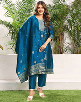 SKYLEE Women Silk Blend Woven Straight Kurta Set with Dupatta | Ethnic Wear Kurti Pant Set | Indian Pakistani Dress for Women | Festive & Party Wear Kurta Suit Malaysia