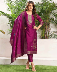 SKYLEE Women Silk Blend Self-Design Kurta Set with Pant & Dupatta | Elegant Ethnic Wear for Wedding, Party & Festive | Calf Length Salwar Suit