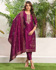 SKYLEE Women Silk Blend Self-Design Kurta Set with Pant & Dupatta | Elegant Ethnic Wear for Wedding, Party & Festive | Calf Length Salwar Suit