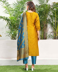 SKYLEE Women Silk Blend Self-Design Kurta Set with Pant & Dupatta | Elegant Ethnic Wear for Wedding, Party & Festive | Calf Length Salwar Suit