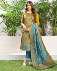 SKYLEE Women Silk Blend Self-Design Kurta Set with Pant & Dupatta | Elegant Ethnic Wear for Wedding, Party & Festive | Calf Length Salwar Suit