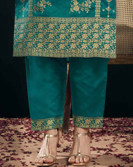 SKYLEE Women Silk Blend Woven Straight Kurta Set with Dupatta | Indian Ethnic Wear | Salwar Kameez Suit Set for Women Malaysia | Party & Festive Kurti Pant Set