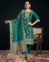 SKYLEE Women Silk Blend Woven Straight Kurta Set with Dupatta | Indian Ethnic Wear | Salwar Kameez Suit Set for Women Malaysia | Party & Festive Kurti Pant Set