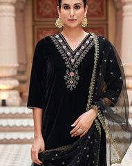SKYLEE Women’s Velvet Sequins Embroidered Kurta Set with Dupatta | Premium Indian Ethnic Wear Malaysia | Party Wear Kurti Palazzo Set Online