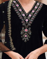 SKYLEE Women’s Velvet Sequins Embroidered Kurta Set with Dupatta | Premium Indian Ethnic Wear Malaysia | Party Wear Kurti Palazzo Set Online