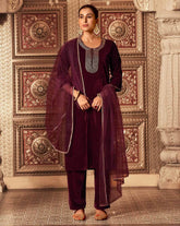 SKYLEE Velvet Embroidered Straight Kurta Set with Dupatta | Women’s Ethnic Wear | Party Wear Kurta Pant Set | Indian Pakistani Suit Malaysia