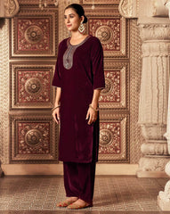 SKYLEE Velvet Embroidered Straight Kurta Set with Dupatta | Women’s Ethnic Wear | Party Wear Kurta Pant Set | Indian Pakistani Suit Malaysia