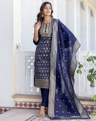 SHAILY Women Ethnic Motif Woven Silk Blend Kurta Set with Pants & Dupatta | Traditional Indian Outfit for Women | Stylish Ethnic Wear Malaysia Online