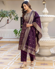 SHAILY Women Ethnic Motif Woven Silk Blend Kurta Set with Pants & Dupatta | Traditional Indian Outfit for Women | Stylish Ethnic Wear Malaysia Online