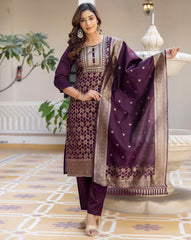 SHAILY Women Ethnic Motif Woven Silk Blend Kurta Set with Pants & Dupatta | Traditional Indian Outfit for Women | Stylish Ethnic Wear Malaysia Online