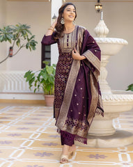 SHAILY Women Ethnic Motif Woven Silk Blend Kurta Set with Pants & Dupatta | Traditional Indian Outfit for Women | Stylish Ethnic Wear Malaysia Online