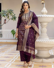 SHAILY Women Ethnic Motif Woven Silk Blend Kurta Set with Pants & Dupatta | Traditional Indian Outfit for Women | Stylish Ethnic Wear Malaysia Online