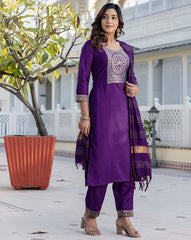 Woven Silk Blend Kurta Set for Women | Stylish Indian Ethnic Wear with Dupatta & Pants | Festive & Casual Outfit Malaysia